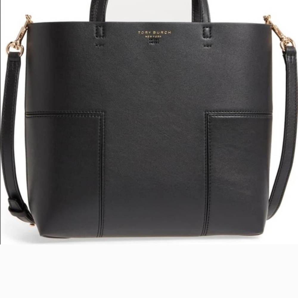Tory Burch Black Leather Mini T Block Tote Bag